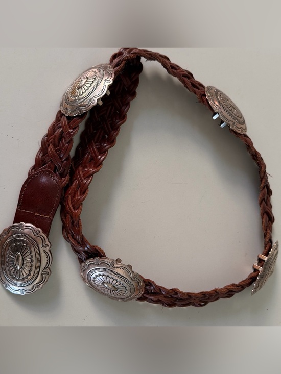 Vintage Accessories - Braided Brown Leather Belt with Decorative Silver-Tone Conchos